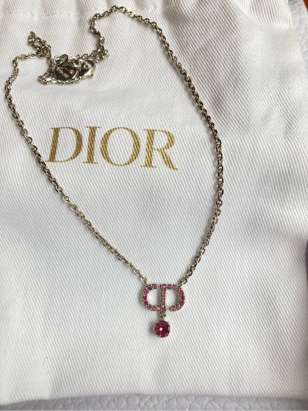 Dior Silver-Tone Necklace with Pink Crystal Logo Drop - Picture 3 of 5